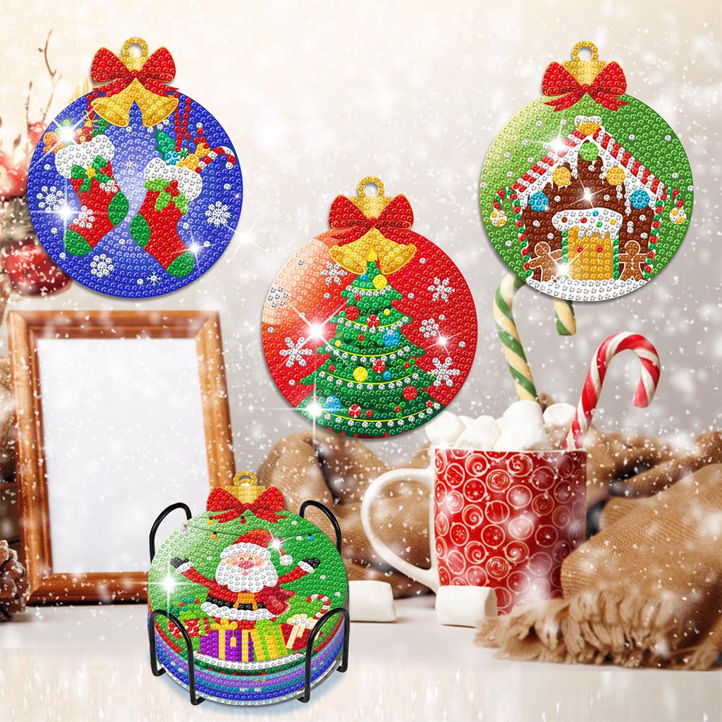 8pcs/sets Christmas Diamond Painting Coaster DIY Snowman Christmas Tree Drink Cup Diamond Art Coasters Christmas Decoration 2024