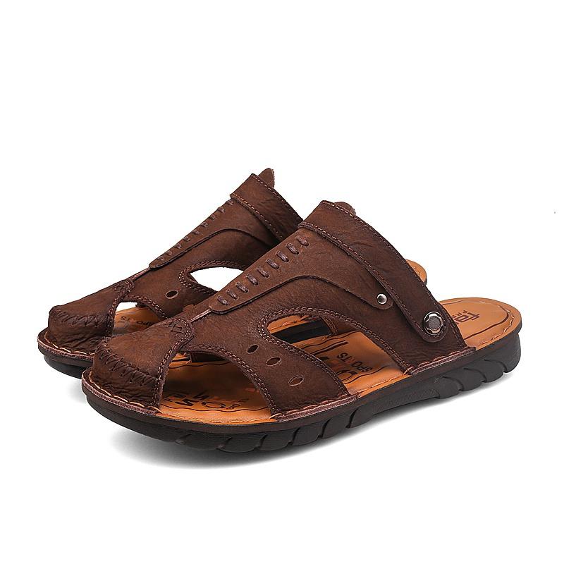 

Мужская обувь на плоской подошве, сандалии из кожи без застежек, мужские модные нескользящие тапочки, мужские сандалии для отдыха на песчаном пляже, дышащие, высокого качества 44 темно-коричневого