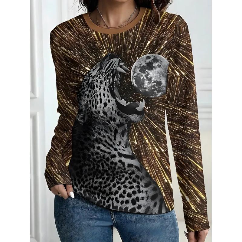 Modisches Damen Rundhals Langarm 3D Lässiges Farbdruck Lässiges Langarm Rundhals T-Shirt