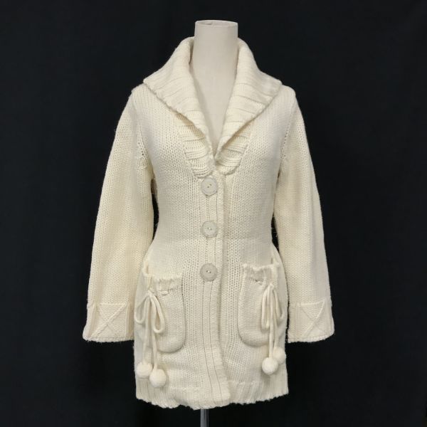 

GK Itariya/Dog Pattern Wool Knit Cardigan/9/M/White/Big Collar/Waist Ribbon