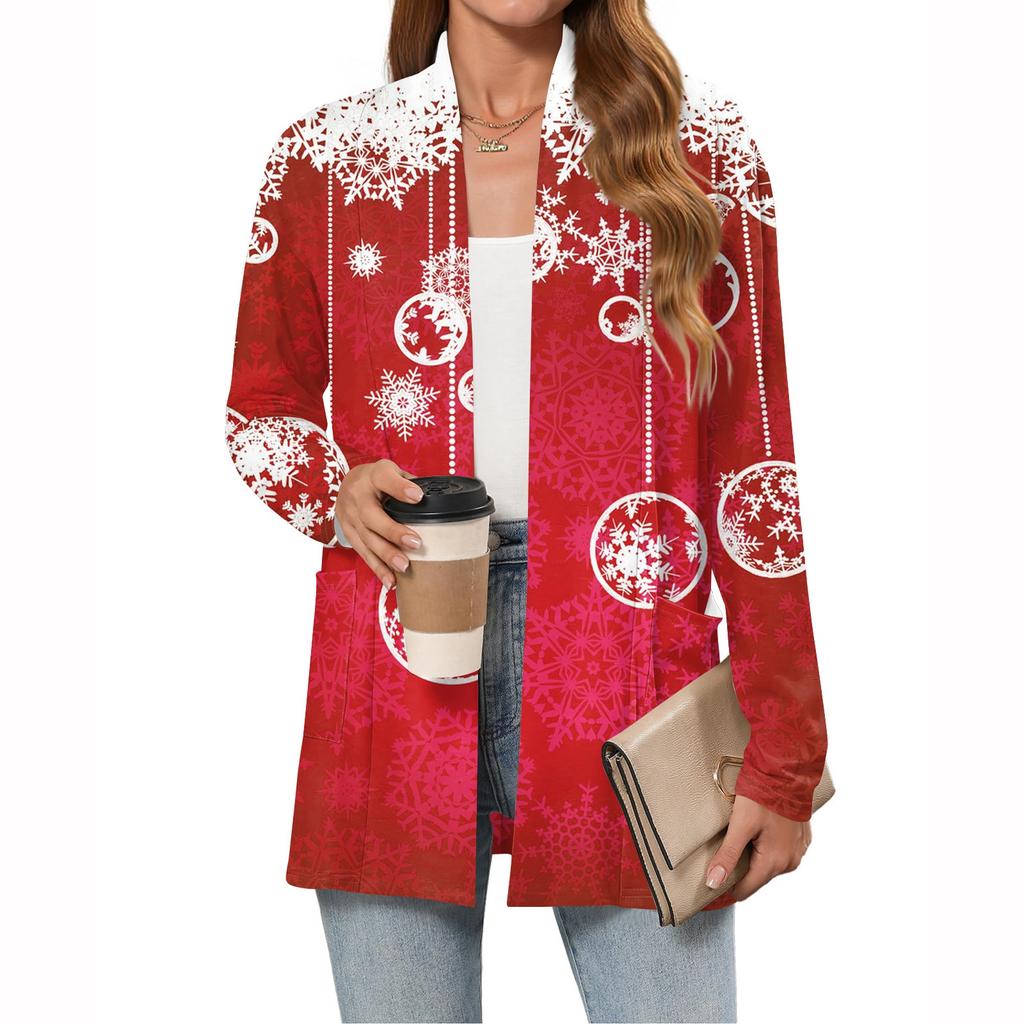 Damen Weihnachten Bedruckter Leichter Cardigan Langärmlig Lässig Locker Dünne Passform Mit Taschen Cardigan Jacke
