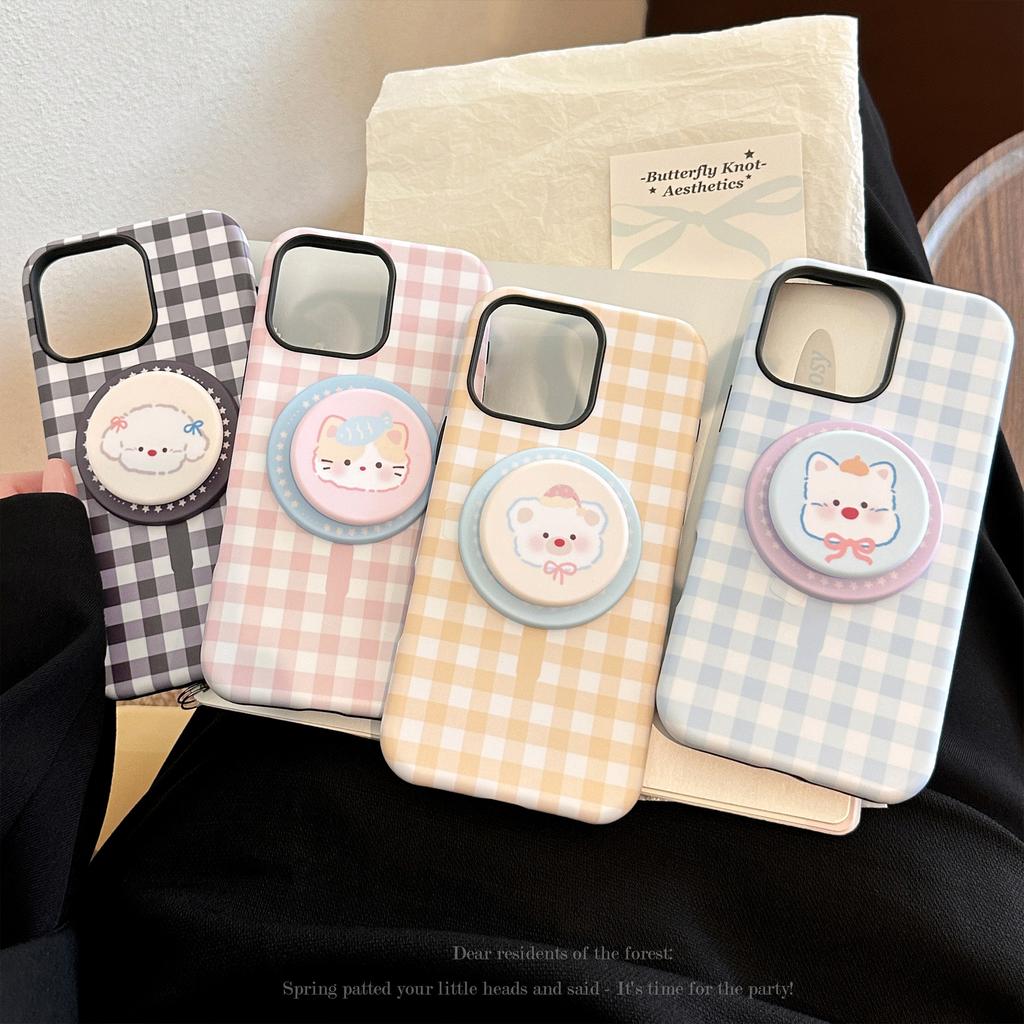 Magnetic Plaid Cartoon Bracket Apple 16 Mobile Phone Case IPhone 13 Suitable for 11 Philin Small Animals 15promax