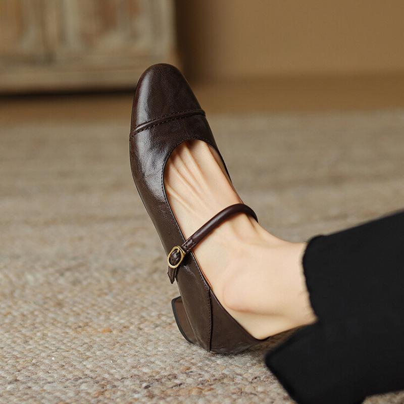 New Medium-heeled Sheepskin Women's Shoes Low-top Soft Leather Round-head Single Shoes Women's Shallow Mouth Non-slip Beef Tendon Soft-soled S