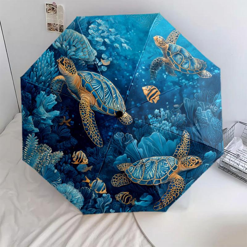 Sea Turtle Pattern, Automatic Folding Umbrella, Portable and Foldable Design, 8 Ribs, a Christmas or Birthday Gift.
