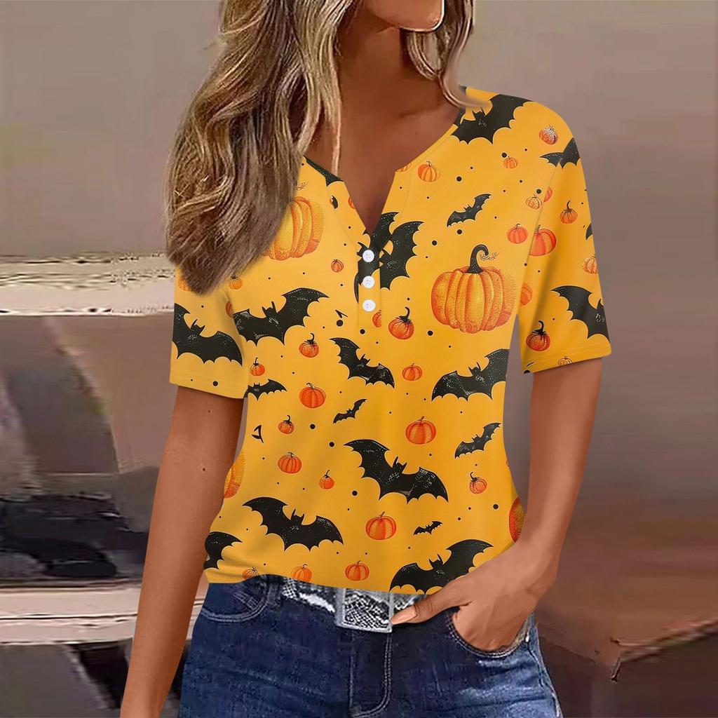 Women's T Shirt Halloween Print Button Short Sleeve Daily Weekend Fashion Basic V- Neck Regular Top