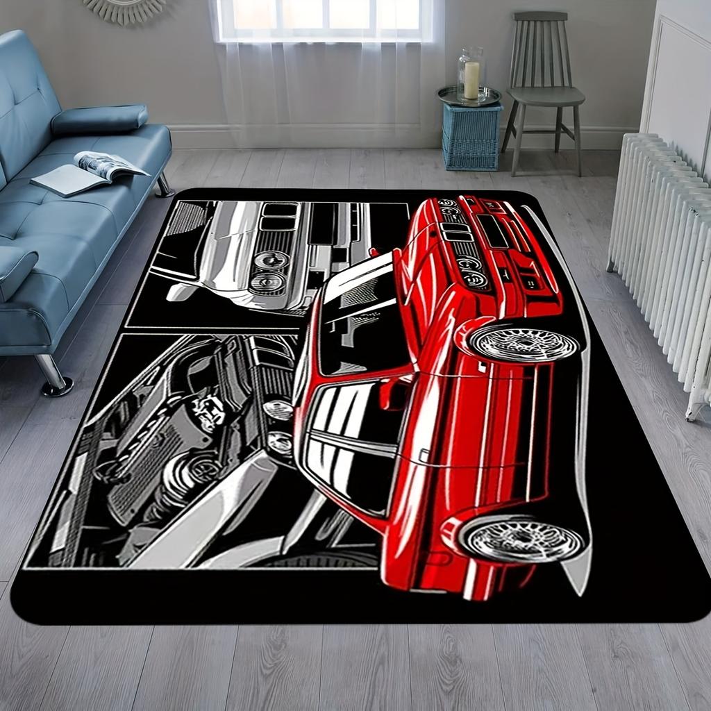 Cool sports car graffiti theme Flannel-printed floor mats are slip-resistant Suitable living room bedroom terrace garden carpets