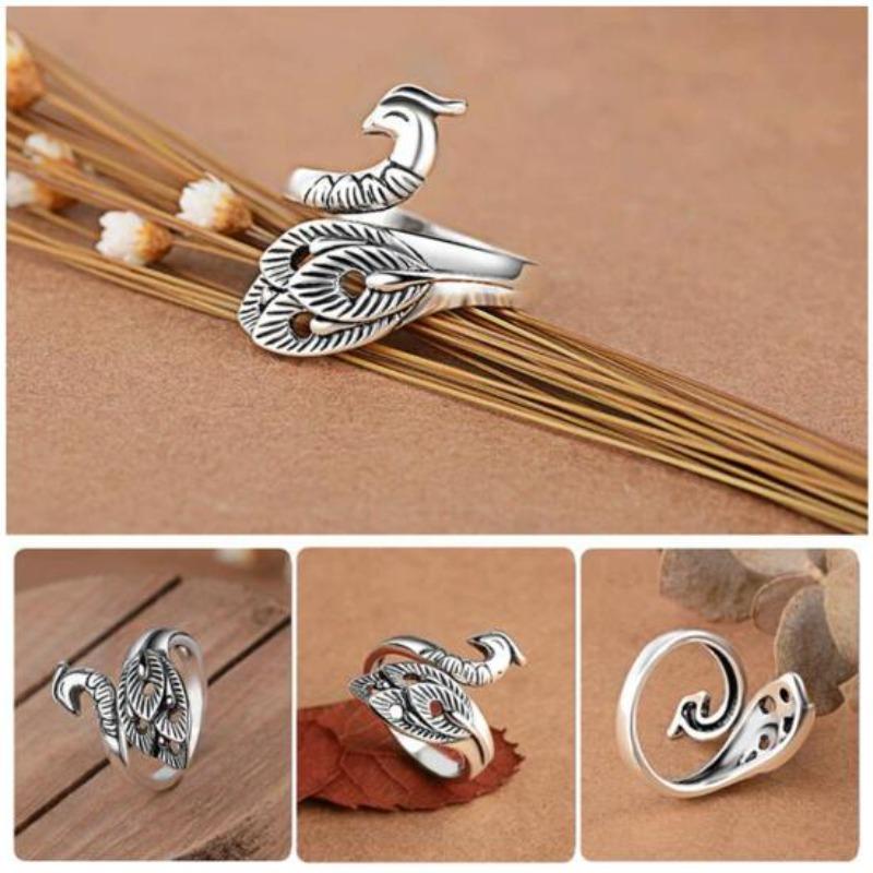 Vintage Silver Pleated Engraved Peacock Women Open Ring Finger Jewelry Gift