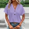 Women Fashion Casual Solid Color Button V Neck Short Sleeve T Shirt