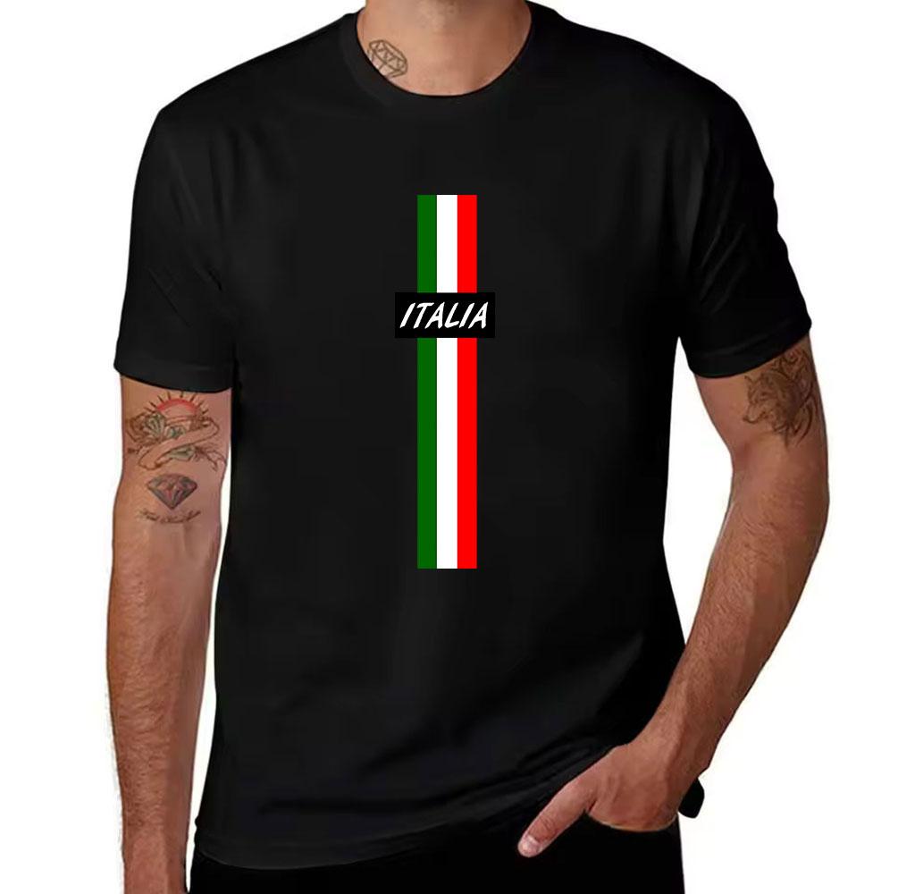 Unisexs Cotton Tshirt Vertical Italian Flag Print Italia Letter Casual Short Sleeve Tee For Daily Wear
