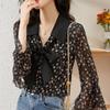 New Spring, Summer and Autumn Fashion Long-sleeved Blouse, Floral Chiffon Shirt, Ladies Chic Pretty Commuter Temperament Shirt