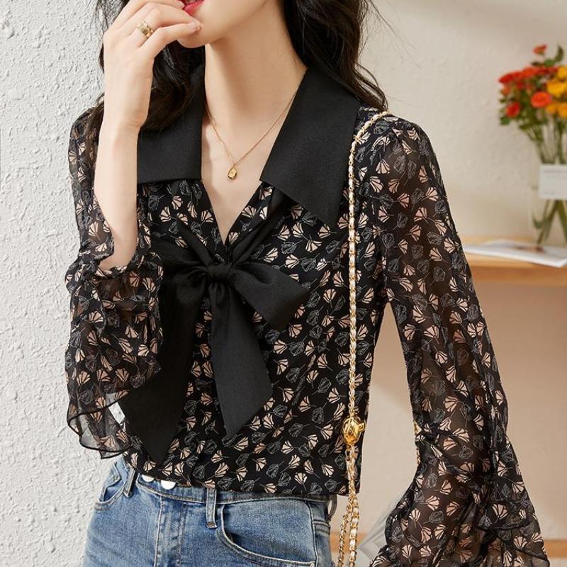 New Spring, Summer and Autumn Fashion Long-sleeved Blouse, Floral Chiffon Shirt, Ladies Chic Pretty Commuter Temperament Shirt