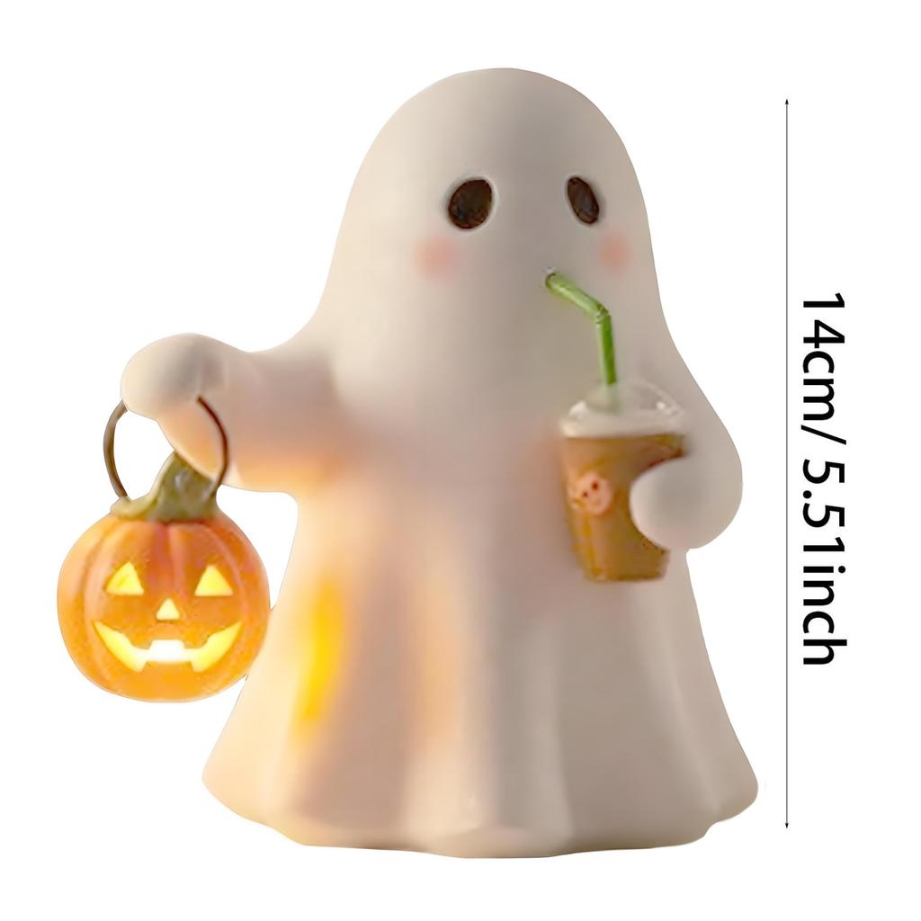 Nightstand Lamp Ghost Sculpture Statue Holding Pumpkin Drinking Ambient Lighting for Home Bookshelf Tabletop