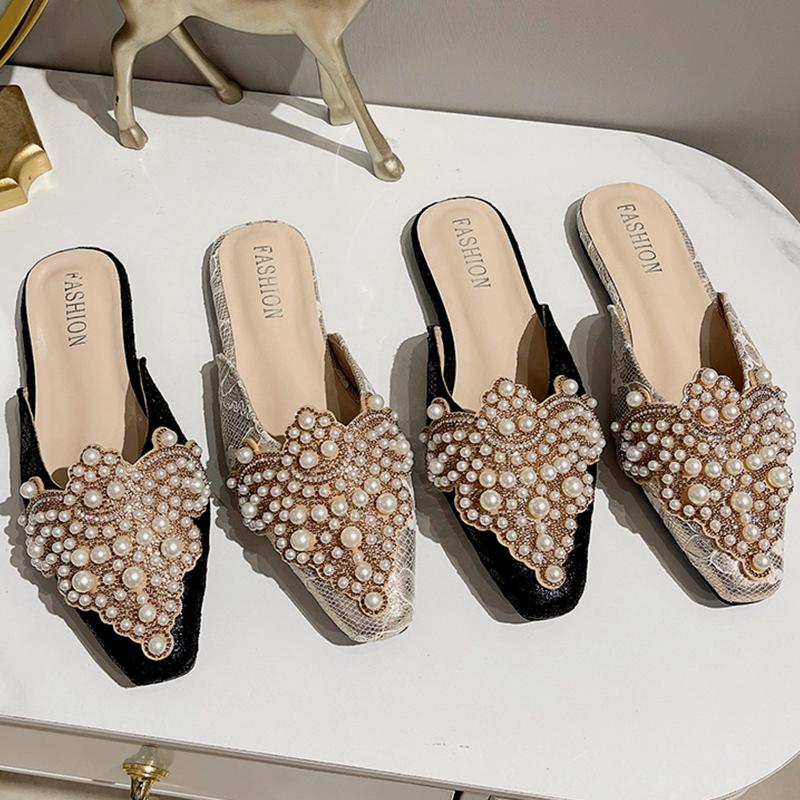 Fashion Luxury Pearl Ornaments Mules Slides Woman Elegant Point Toe Lace Sandals Ladies Chic String Bead Evening Party Flat Dress Shoes