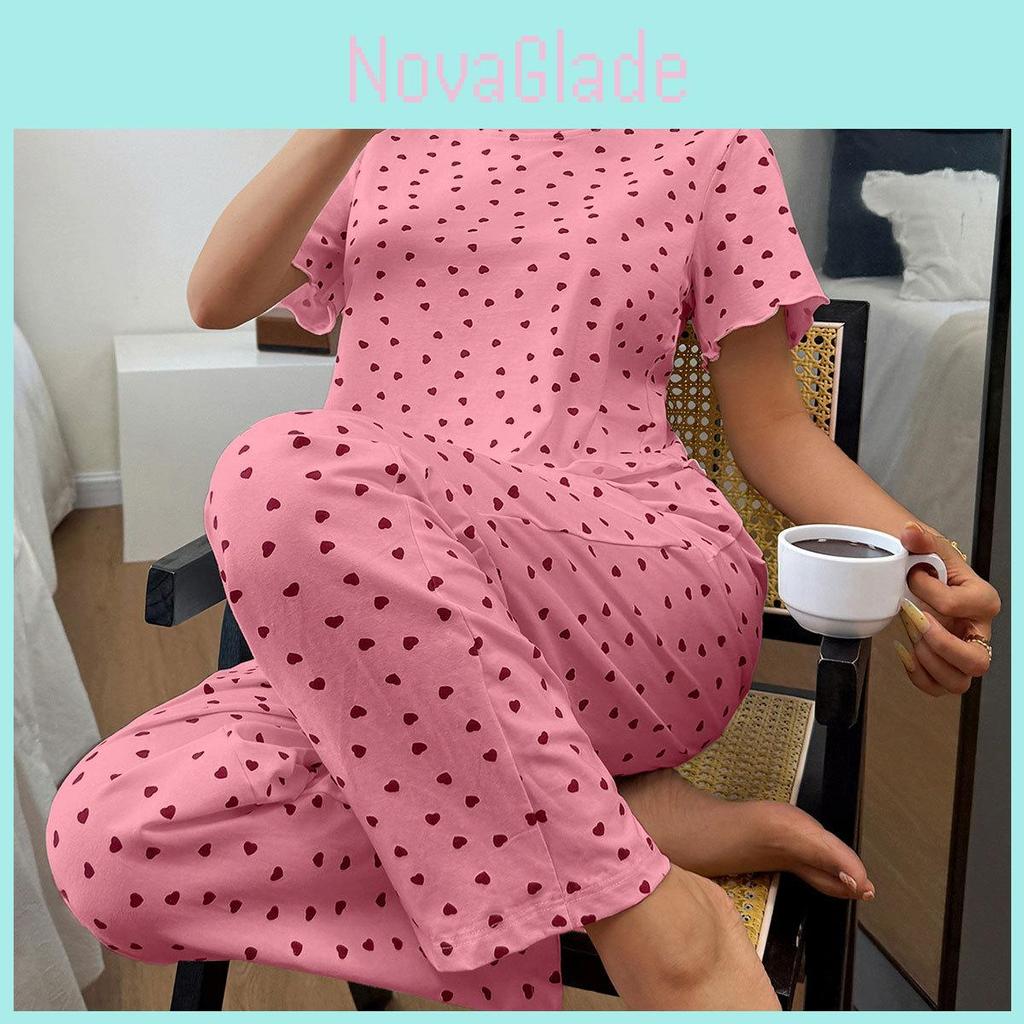 Cotton Pajamas For Women With Heart Print Comfortable Lounge Sleepwear Set For Home And Travel