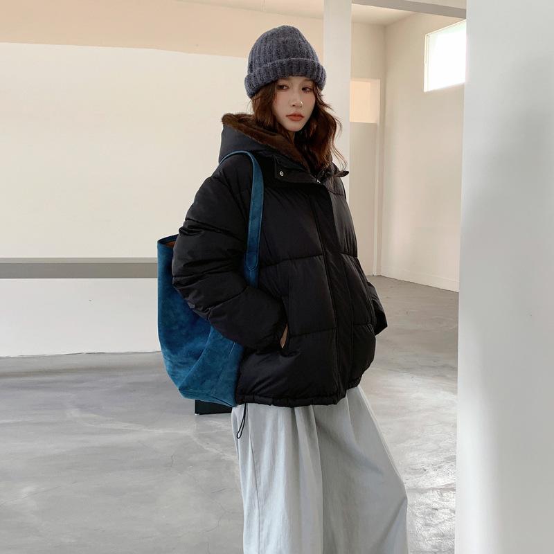 Stand-up collar women's cotton-padded jacket solid color loose velvet thickened hooded trendy fashion student women's bread cotton-padded jacket