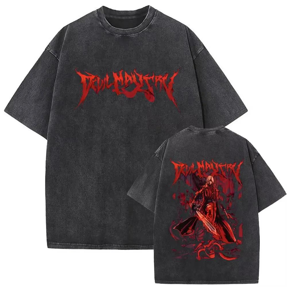 Game Devil May Cry Dante Vintage Acid Washed T-shirt Men Gothic Retro Fashion Short Sleeve T Shirts Male Hip Hop Streetwear