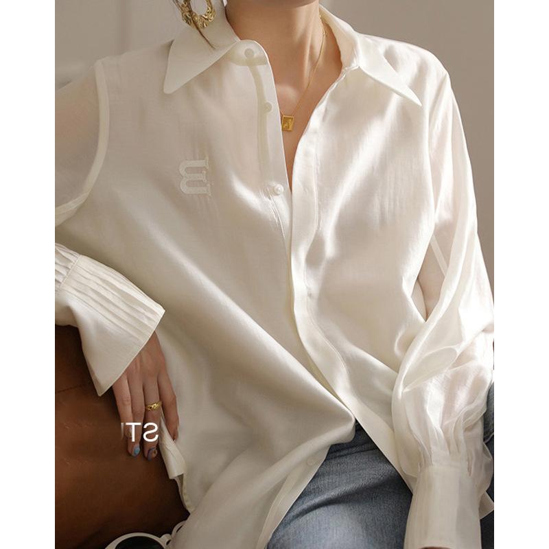 White Blouse Women's Early Spring Summer Long Sleeve Letter Shirt Top