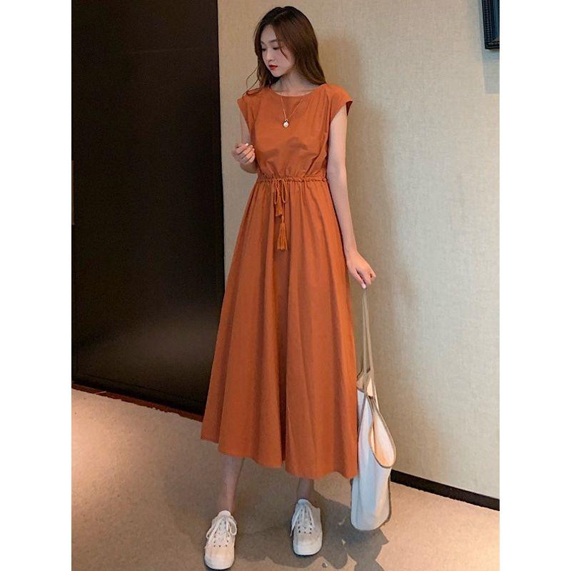Summer Korean Style New Solid Artistic Student Waist Hugging round Neck Loose Mid-Length Sleeveless Dress Women Dress