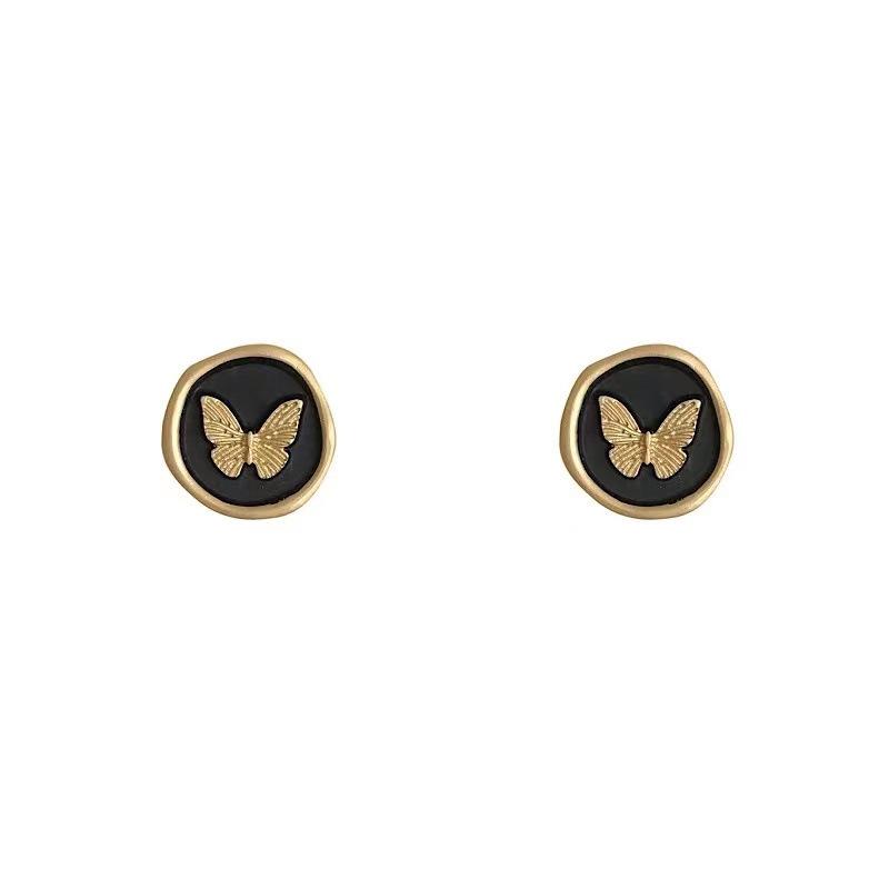 Simple Retro Black Round Butterfly Premium Design Stud Earrings