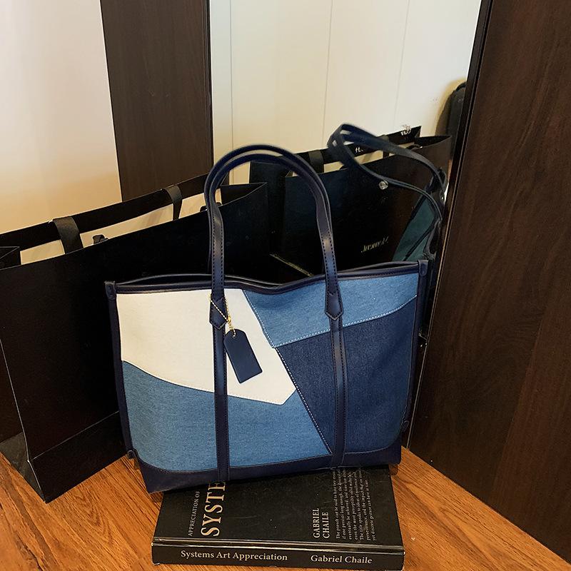 Large Capacity Bag Women's New Casual Denim Fashion Contrasting Color Splicing Shoulder Bag Tote Bag