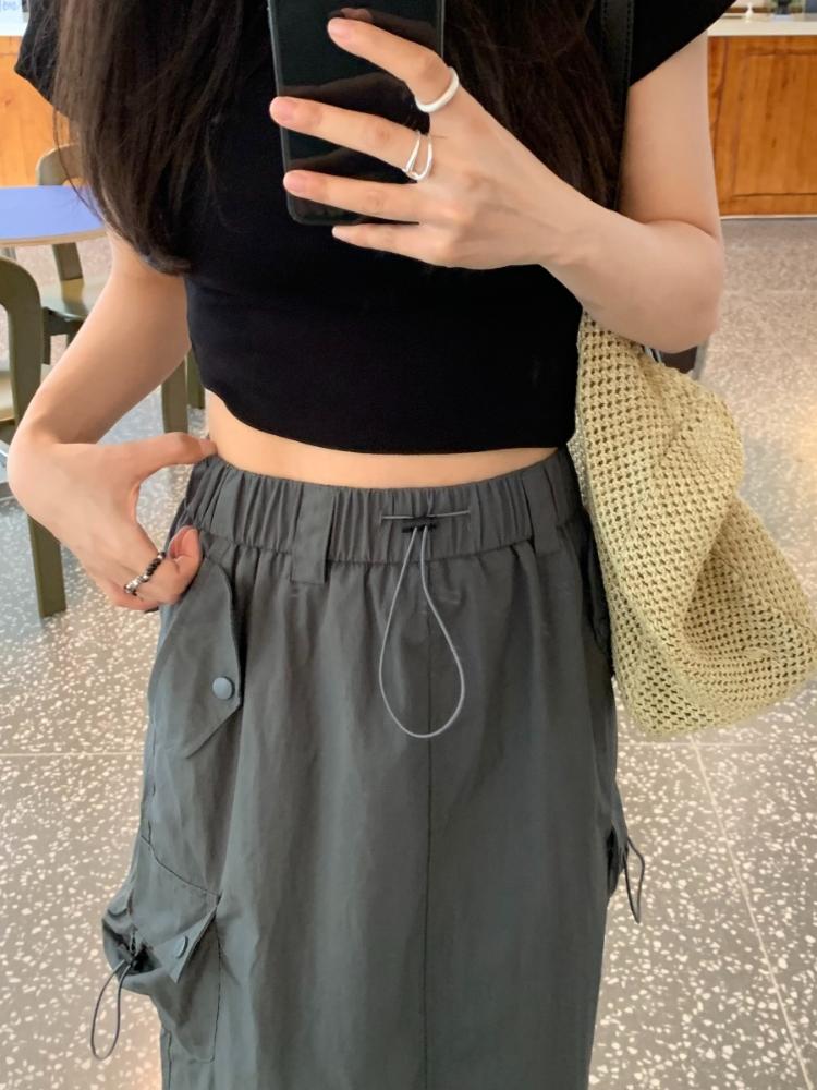 Chic Drawstring Pocket Design Cargo Skirt Women Summer Retro High Waist Gyaru Split Long Skirts Harajuku Fashion Streetwear New