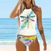 Damen-Badeanzug mit hängendem Hals, mehrfarbiger Bikini-Tankini-Badeanzug mit Libellen-Print