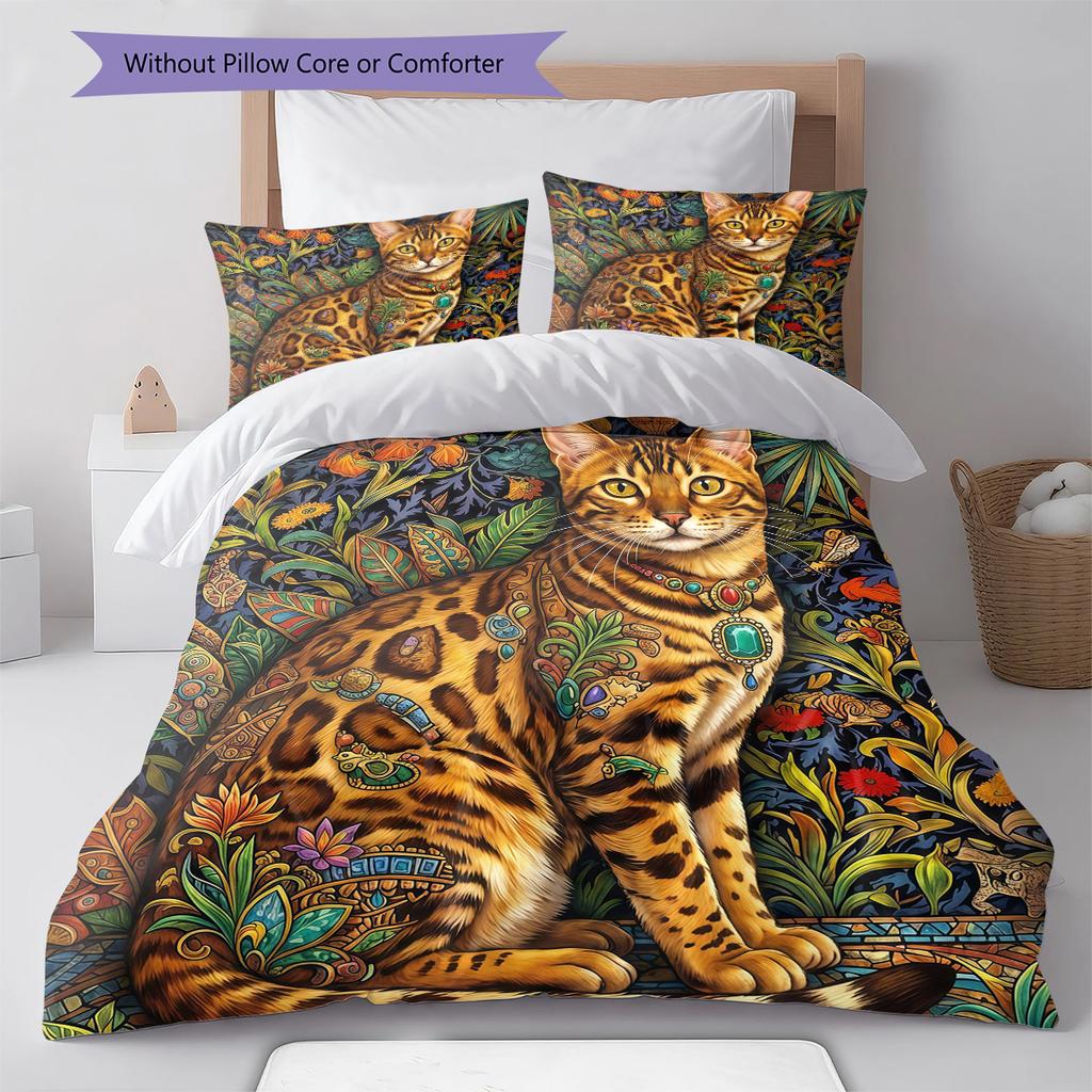 Flower Cat Crow Pattern Bedding,Quilt Set Quilt Cover Pillowcase Home Birthday Gift (1 * Duvet Cover + 2 * Pillowcase, Without Core)