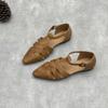 Johnature Handmade Genuine Leather Pointed Toe Sandals Retro Hollow Buckle Woven Cowhide Women's Shoes