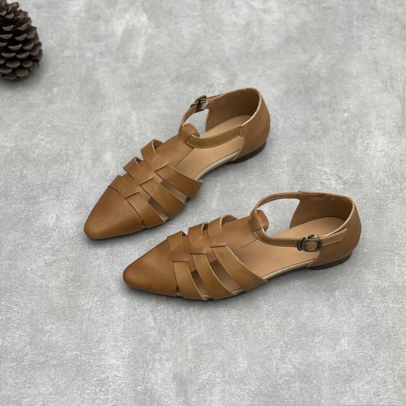 Johnature Handmade Genuine Leather Pointed Toe Sandals Retro Hollow Buckle Woven Cowhide Women's Shoes