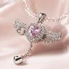 Collana Certificata in Argento Puro S999 con Ali d'Angelo, Ciondolo a Goccia Y con Cuore di Cupido e Cristallo Rosa, Gioiello Romantico Fairycore Regalo per Lei