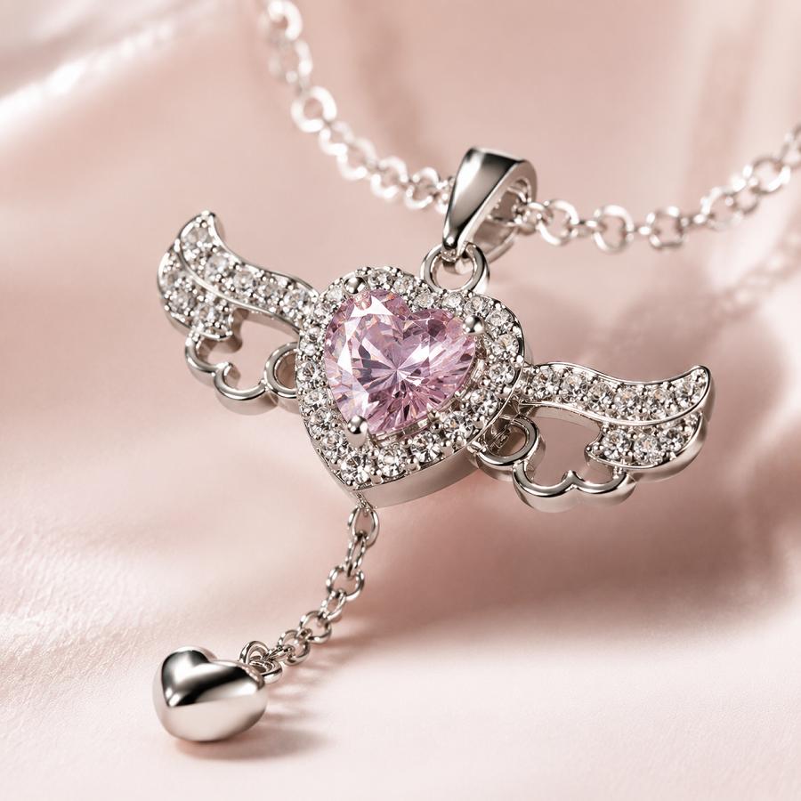 Collana Certificata in Argento Puro S999 con Ali d'Angelo, Ciondolo a Goccia Y con Cuore di Cupido e Cristallo Rosa, Gioiello Romantico Fairycore Regalo per Lei