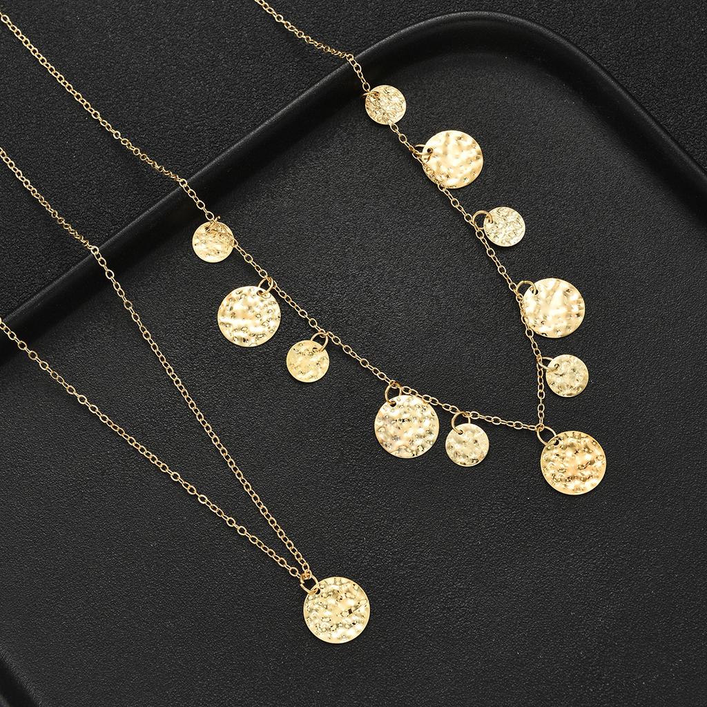 2Pcs Gold Color Textured Coin Fringe Tiered Necklace Set Chunky Disc Pendant Layered Choker Fashion Y-Necklace for Party Gifts