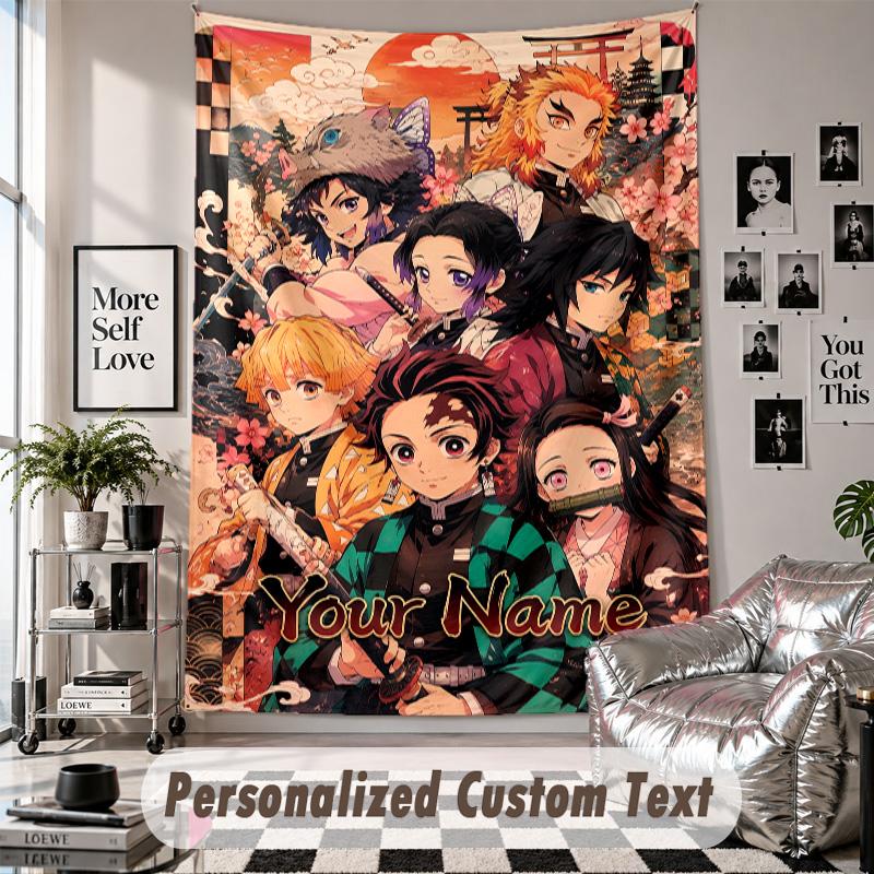Wall Hanging Tapestry With Custom Name & Text, Demon Slayer Decorative Tapestry For Bedroom