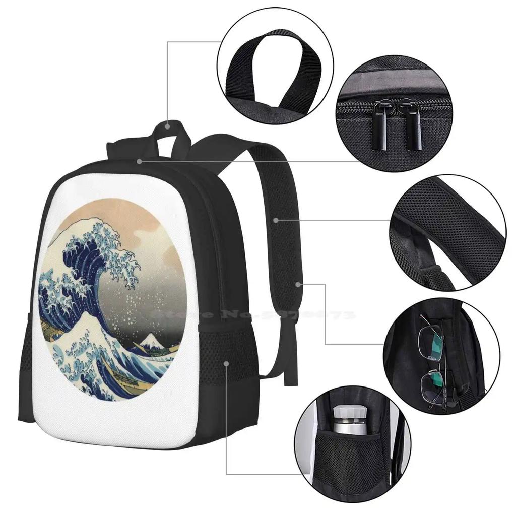 Hokusai Wave School Bag Big Capacity Backpack Laptop Hokusai Wave Japanese Style Vague Japon Ancien Old Vintage