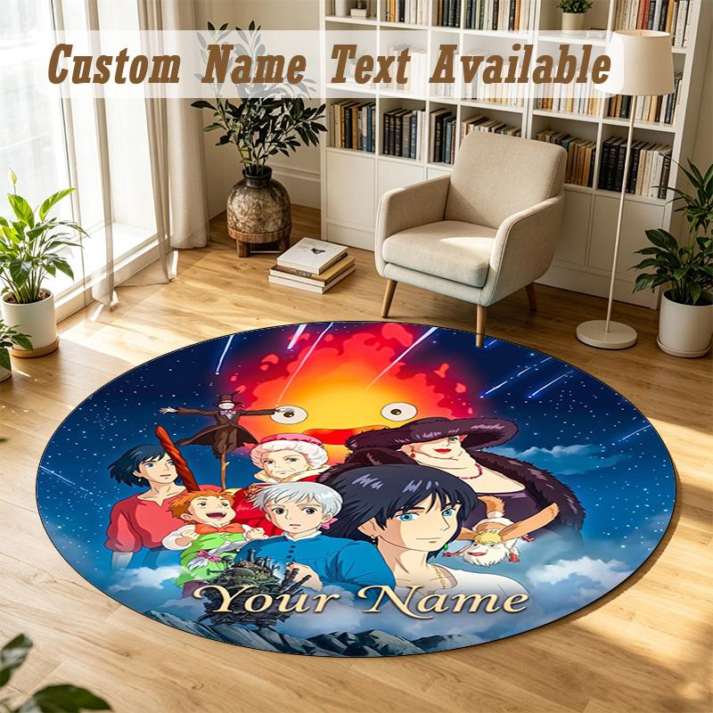 Howl's Moving Castle Personalized Round Rug Support Custom Name, Soft Home Decor Mat
