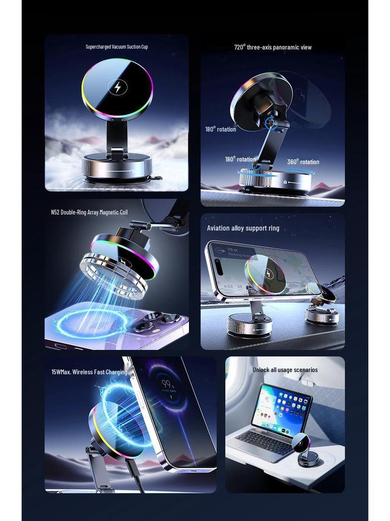 2025 Wireless Charger Car Mount with Nano Adhesive, Magnetic Suction Cup, and Seven-Color Ambient Light.