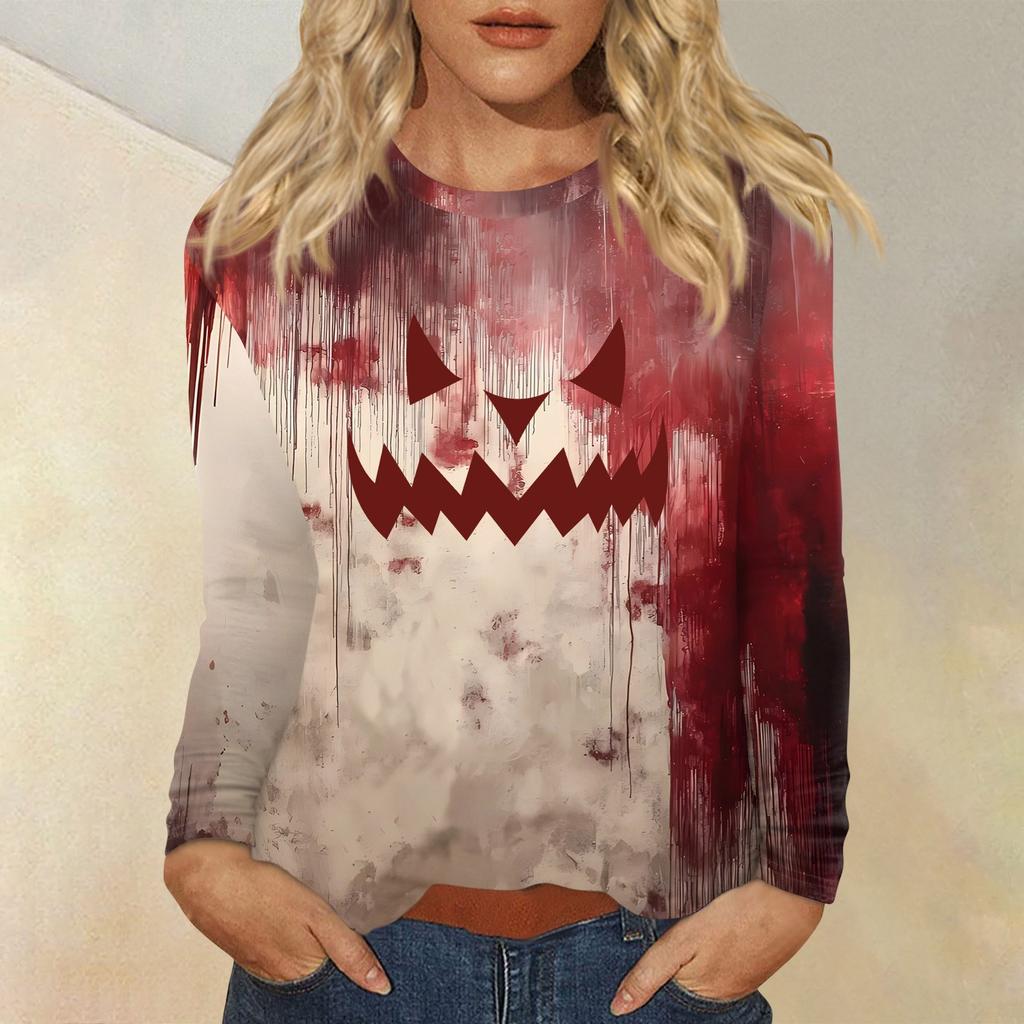 Haut Pull-over Décontracté Mode Femme Imprimé Halloween Col Rond Manches Longues