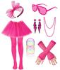 1980er Jahre Neon Party Set: Neongrün Perlenkette, Spitzen-Stirnband, Ohrringe und Strümpfe