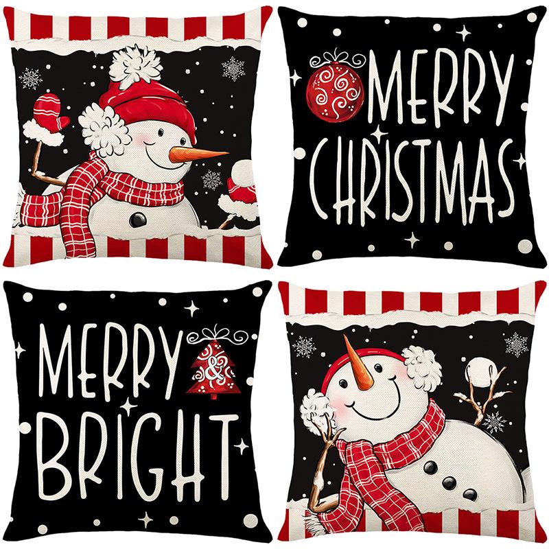 1pc Black Red Merry Christmas Cushion Cover Snowman Printed Washable Cover 2025 New for Home Ornament Xmas New Year Decoration