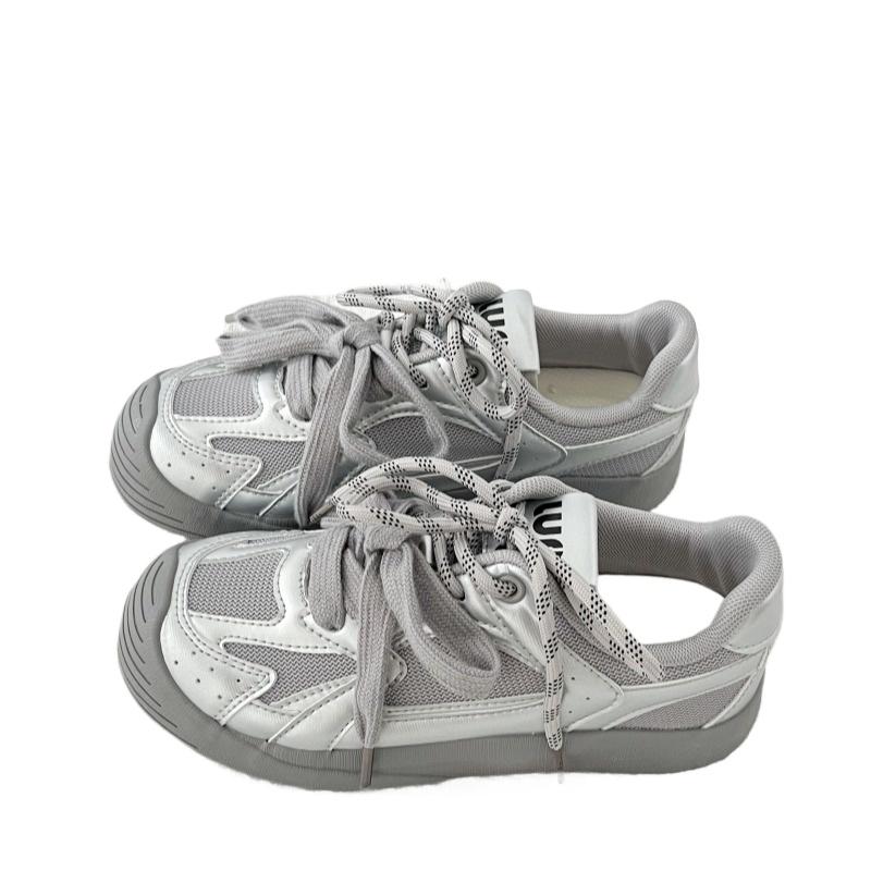 

Женские спортивные туфли на плоской подошве, пэчворк, толстая подошва, круглый носок, повседневная спортивная обувь для бега, удобная мягкая подошва, женская спортивная обувь 40 серебряный