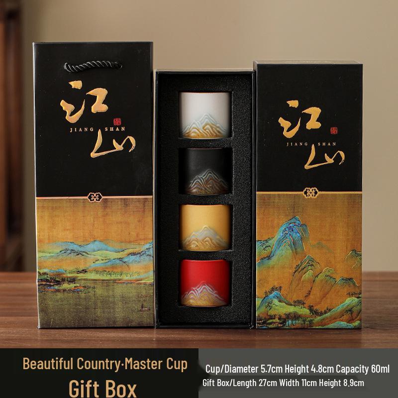 Chinese Cultural Ceramic Teacup Gift Set - Beautiful Rivers & Mountains Design