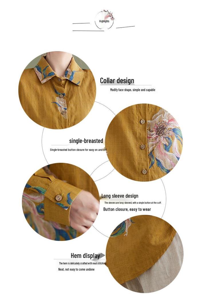 Women's Retro Floral Cotton Linen Shirt - Plus Size, Loose Fit, Long Sleeve, Spring/Autumn