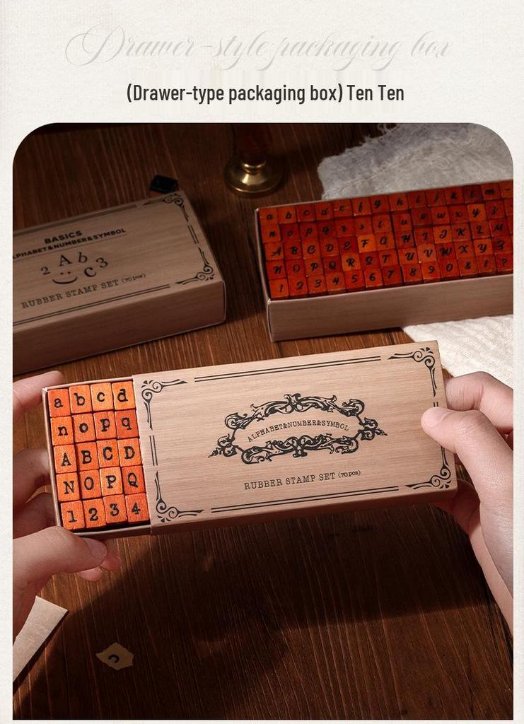 70-Piece Retro Wooden Stamp Set with Uppercase/Lowercase Letters, Numbers & Symbols