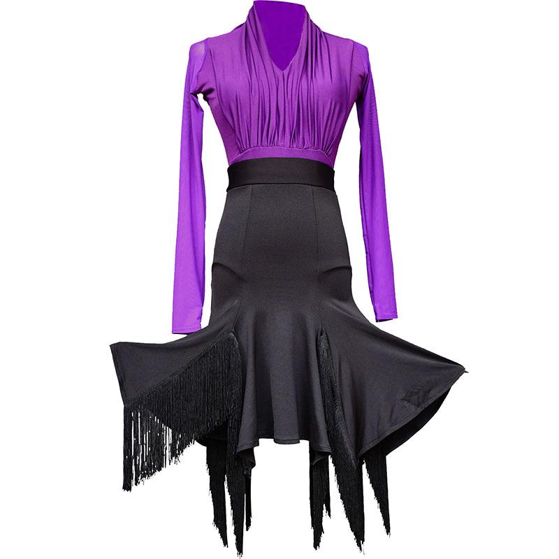 Women's Latin Dance Bodysuit - Mesh Sleeves, Ruffled Bust, Patchwork Skirt