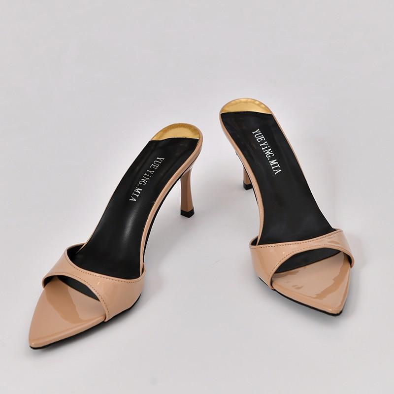 Fashion Summer 2025 New Pointed High Heels with Thin Heels Half Slippers Women's Lacquer Leather Bare Color Versatile Simple Sandals