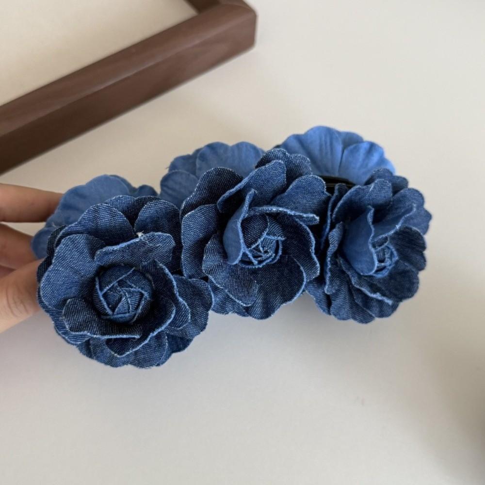 Denim Blue Flower Banana Clips Camellia Floral Twisted Hair Clip Women Vertical Clip  Spring