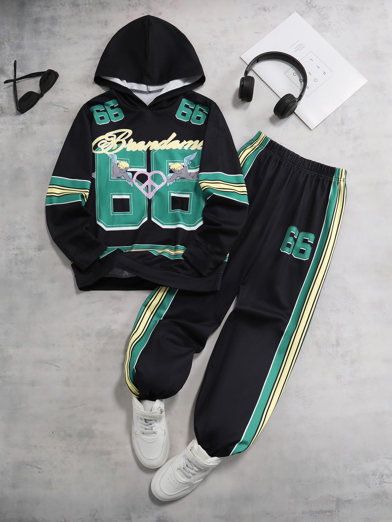 Boys 2-Piece Set: Color-Block Hooded Sweatshirt with Street-Style Number Print & Jogger Pants (Autumn/Winter) 8Y чёрный