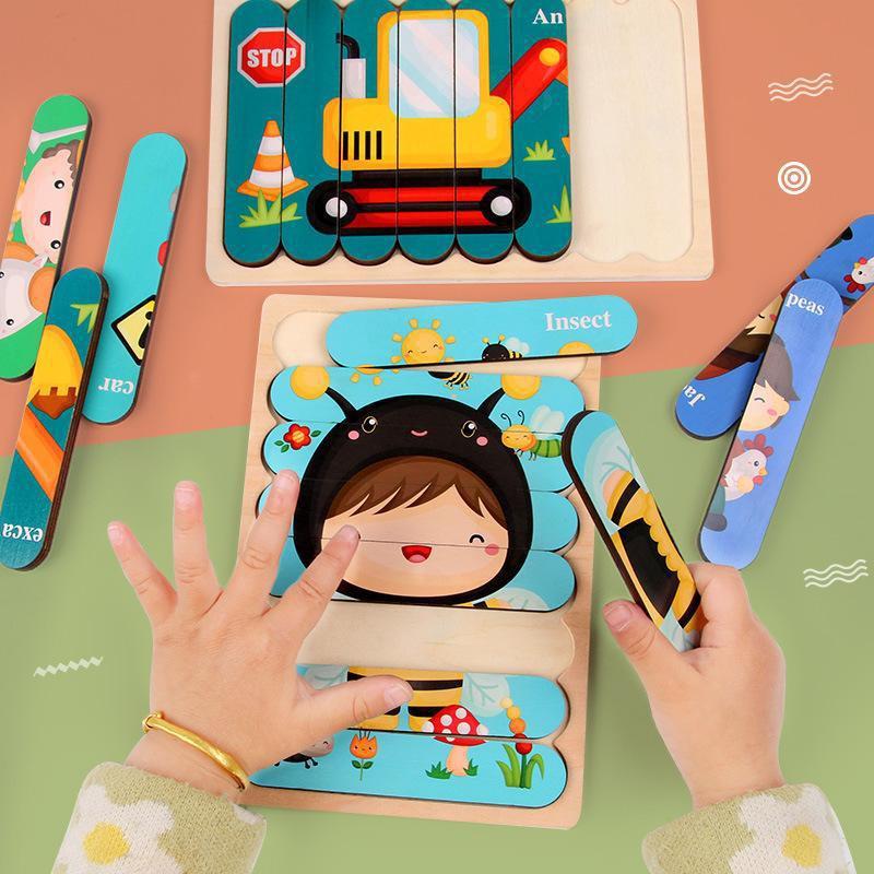 Double Sided Strip 3D Puzzles Baby Toy Wooden Early Education Materials Educational Toys for Children Large Bricks Kids Learning Toys