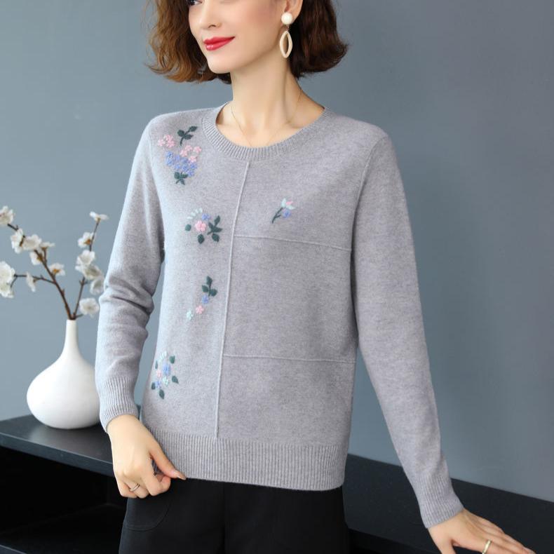 Women's Crewneck Sweater Embroidered Loose Plus Size Knitwear Pullover Stretch Knit Top Jumper Spring Autumn