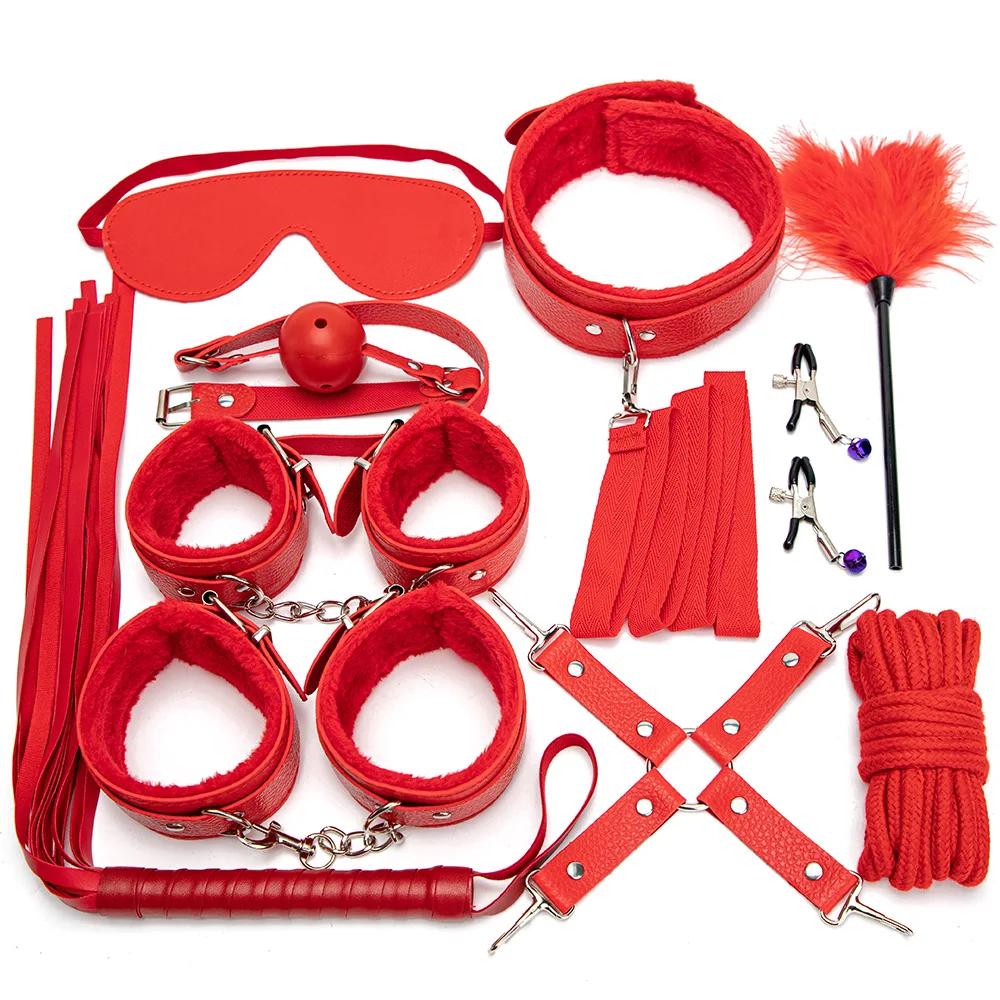 Kits Sexy Leather Plush Sex Bondage Set Handcuffs Sex Games Whip Gag Nipple Clamps Sex Toys For Couples Exotic Accessories